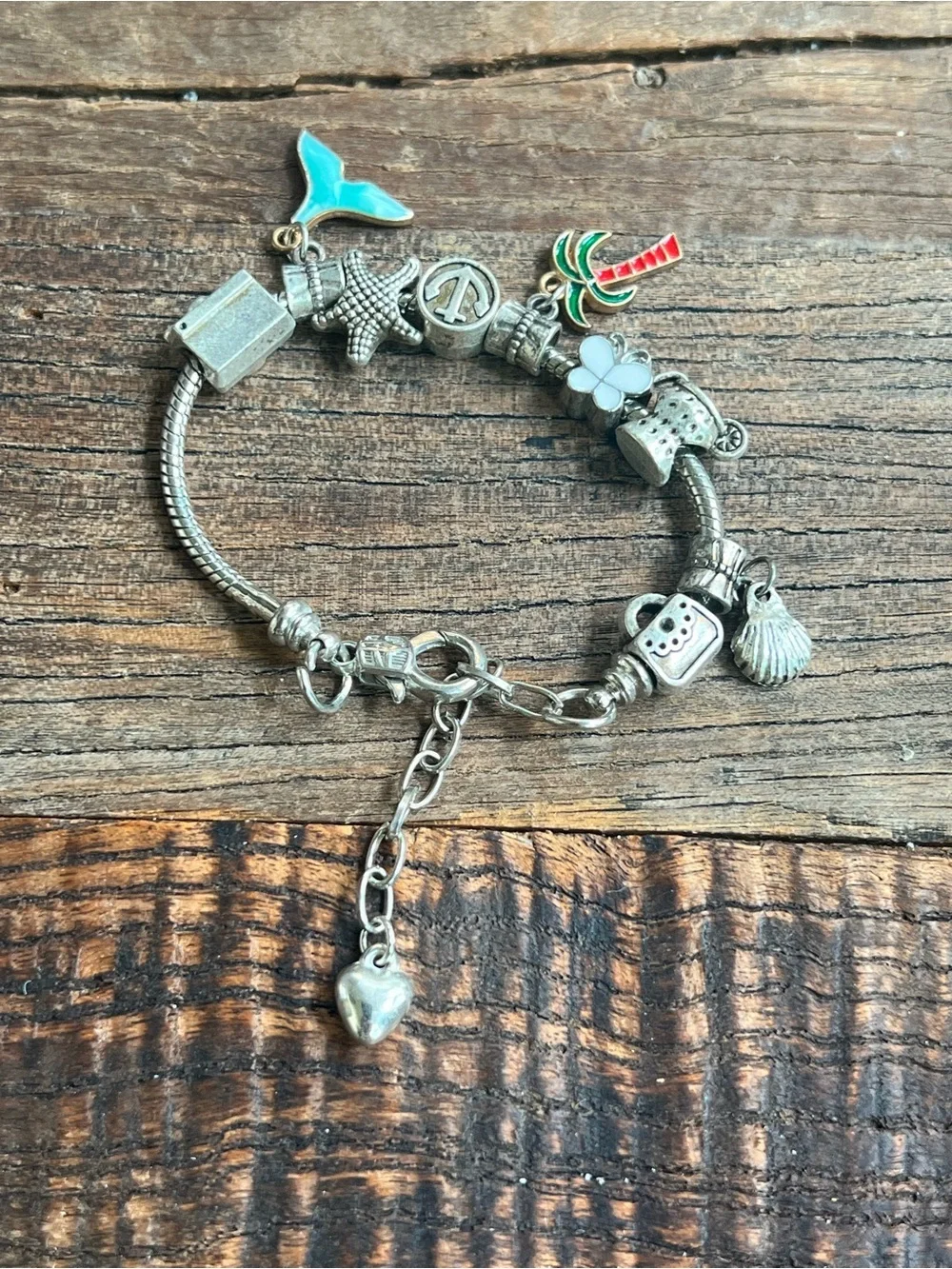 Silver Charm Bracelet with Palm Tree and Shell Charms