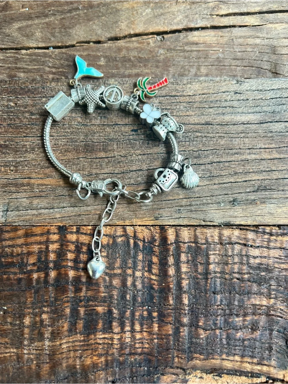 Silver Charm Bracelet with Palm Tree and Shell Charms