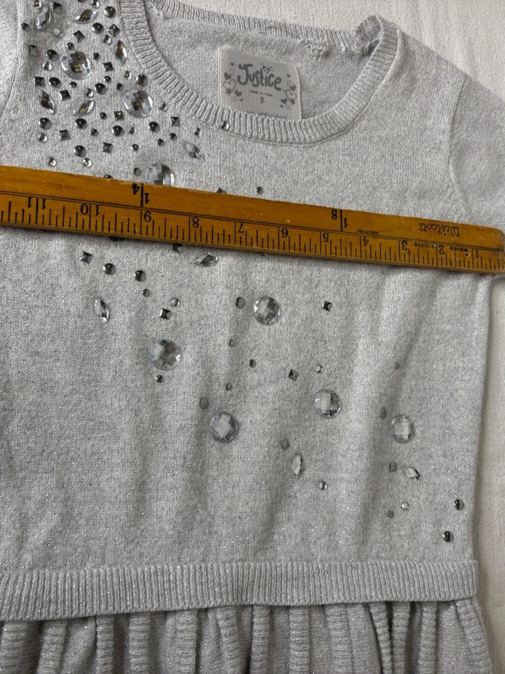 Justice Rhinestone Sparkley Sweater Silver Girl Dress Size 8 Y2K