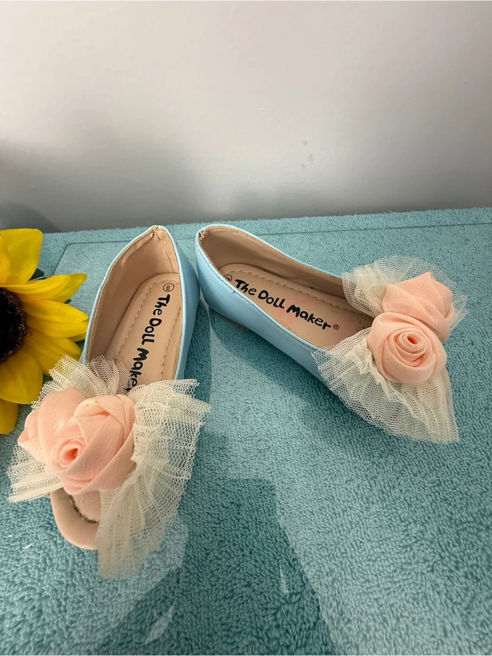 The Doll Maker Girls' Light Blue Shoe Flats with Peach Rose