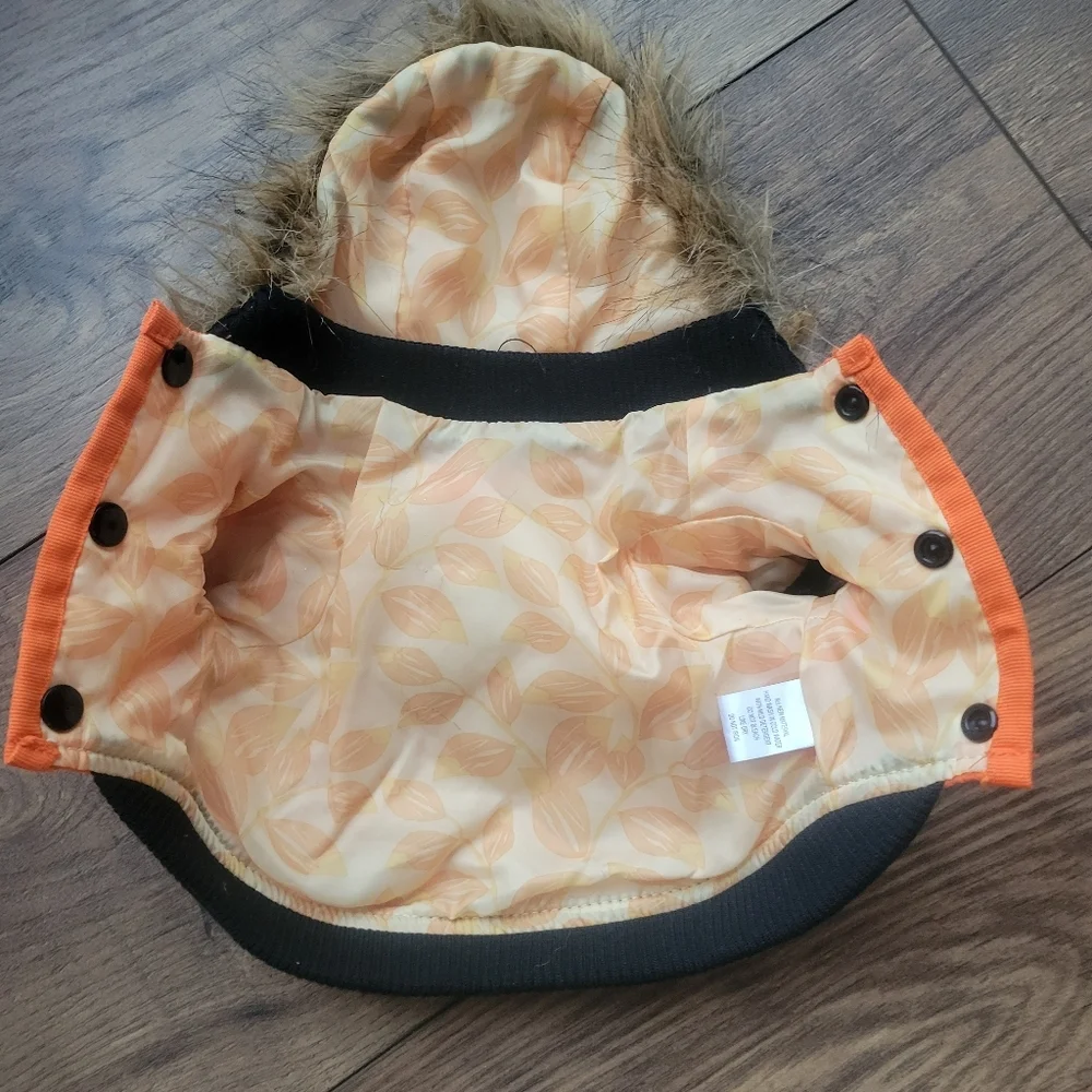 Dog Harness Jacket Orange Quilted Hood W Fur Trim Snap Close XS