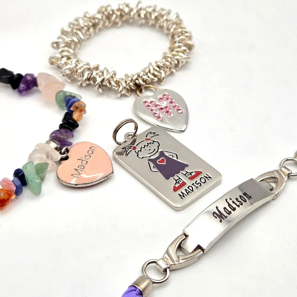 Personalized Name 'Madison' Charm Bracelet Set‎ Girl Silver Tone Gemstone Enamel