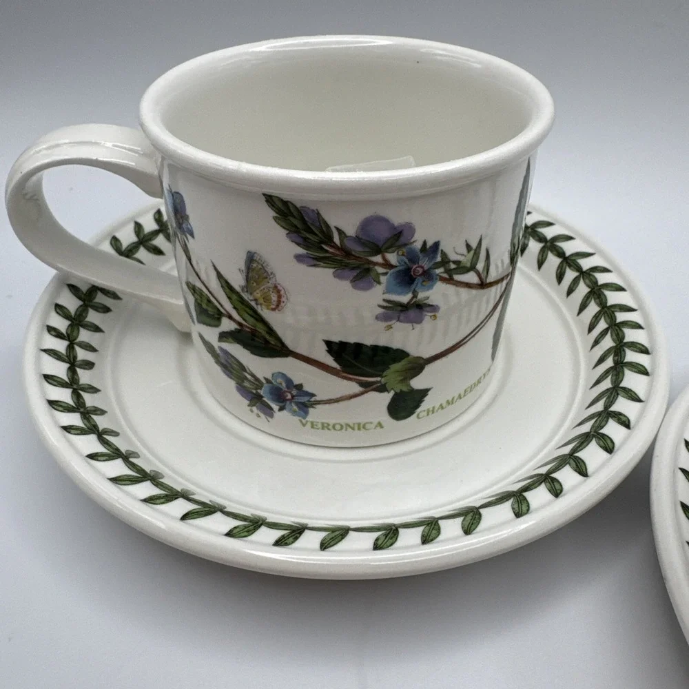 Portmerion Botanic Garden Drum Flat Coffee Cups & Saucers 2 Sets Tea Pimpernel +