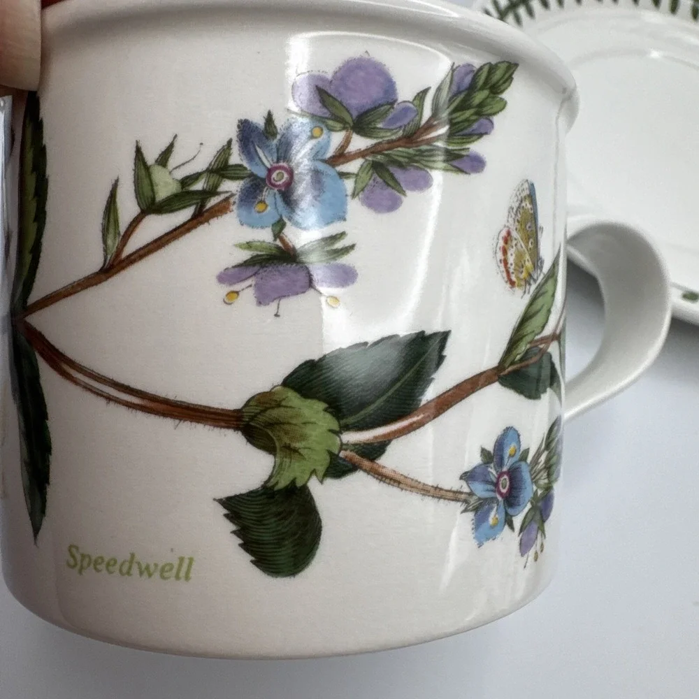 Portmerion Botanic Garden Drum Flat Coffee Cups & Saucers 2 Sets Tea Pimpernel +