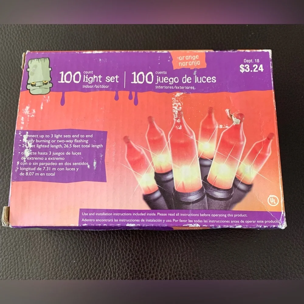 Halloween Flicker Flame Lights Orange String Lights 24Ft Vintage Steady Or Flash