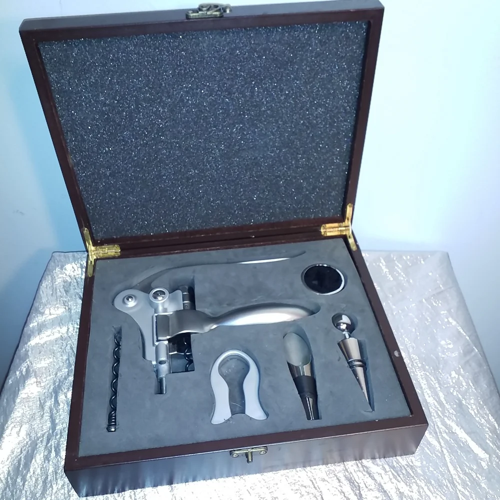 WINE OPENER SET Wood Box 6 piece Deluxe Gift Set