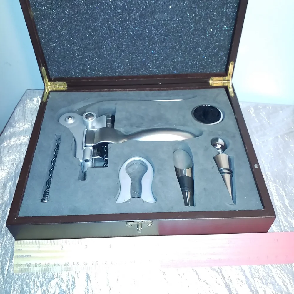 WINE OPENER SET Wood Box 6 piece Deluxe Gift Set