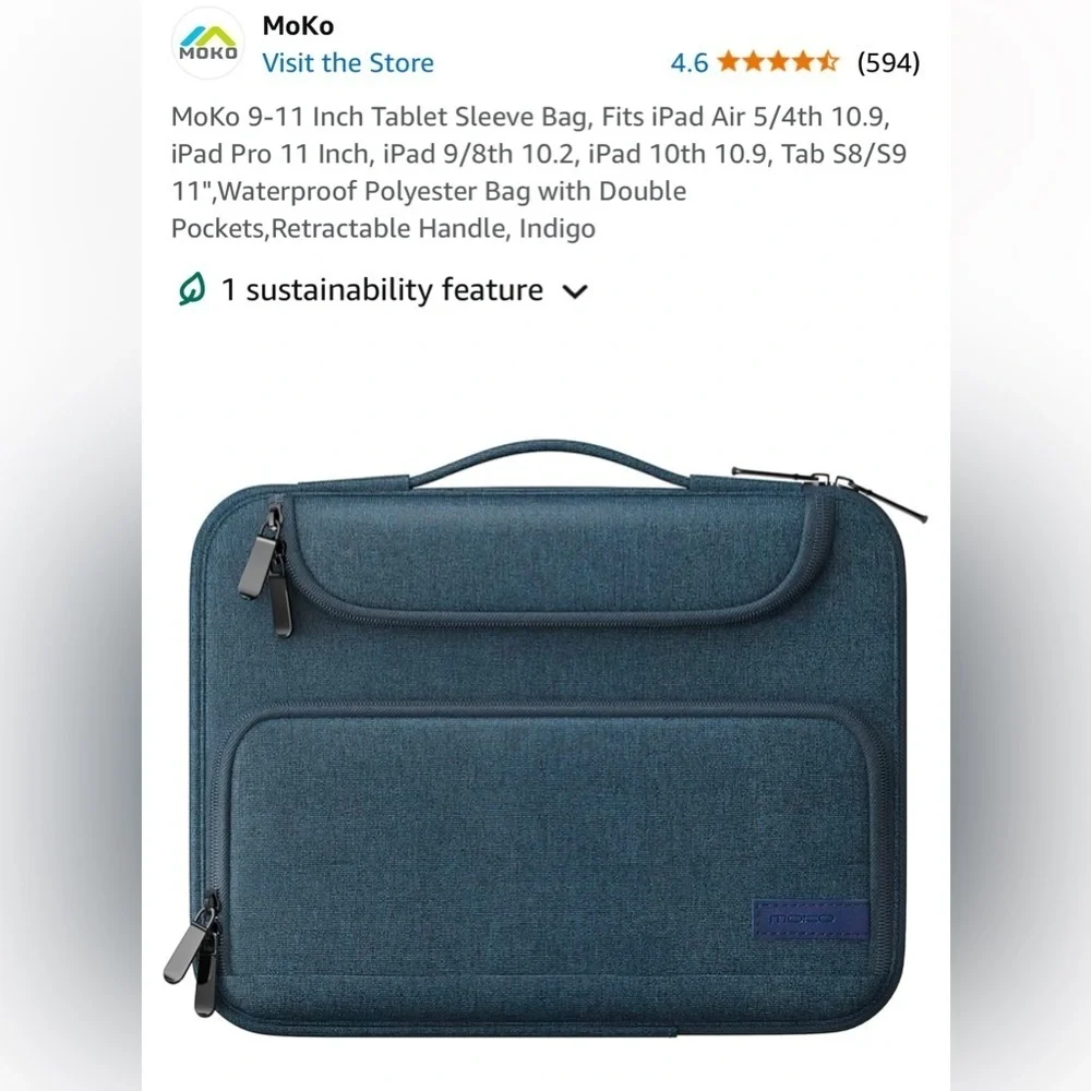 NWOT MoKo Blue Tablet Sleeve Bag, Fits 9”- 11” Devices, Waterproof Polyester