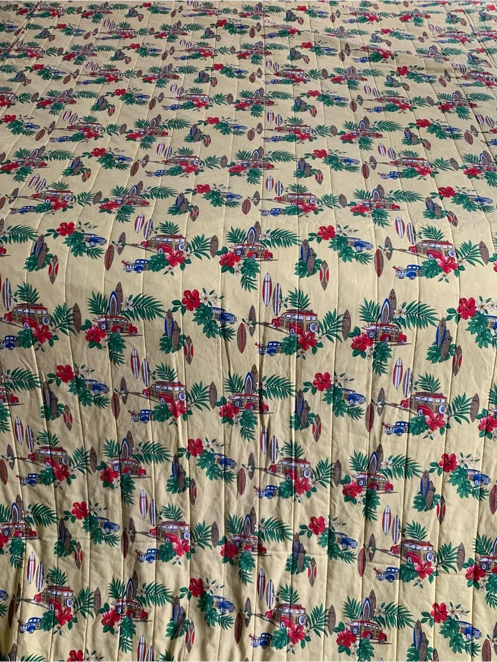 Rare Vintage 80s Contessa Hawaii Woody Surfboard Palm Trees Yellow Bedspread