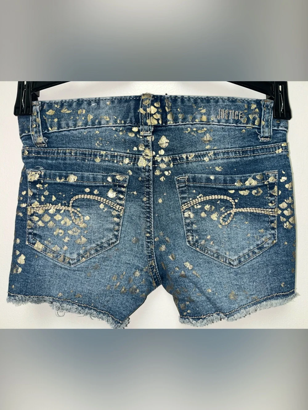Justice Denim Shorts with Gold Paint Splatter