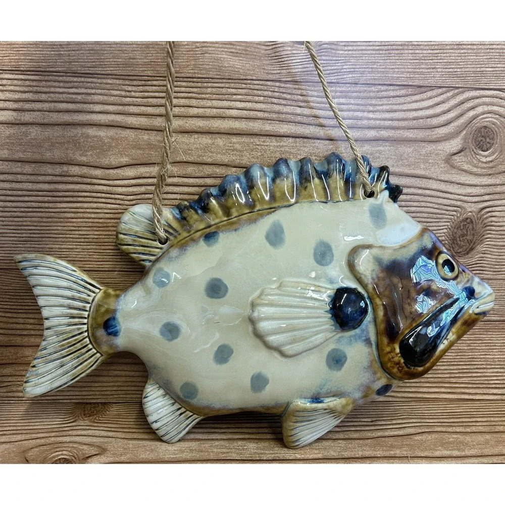 Ceramic Glazed Fish Wall Hanging Beige Brown Blue Polka Dots 14.5