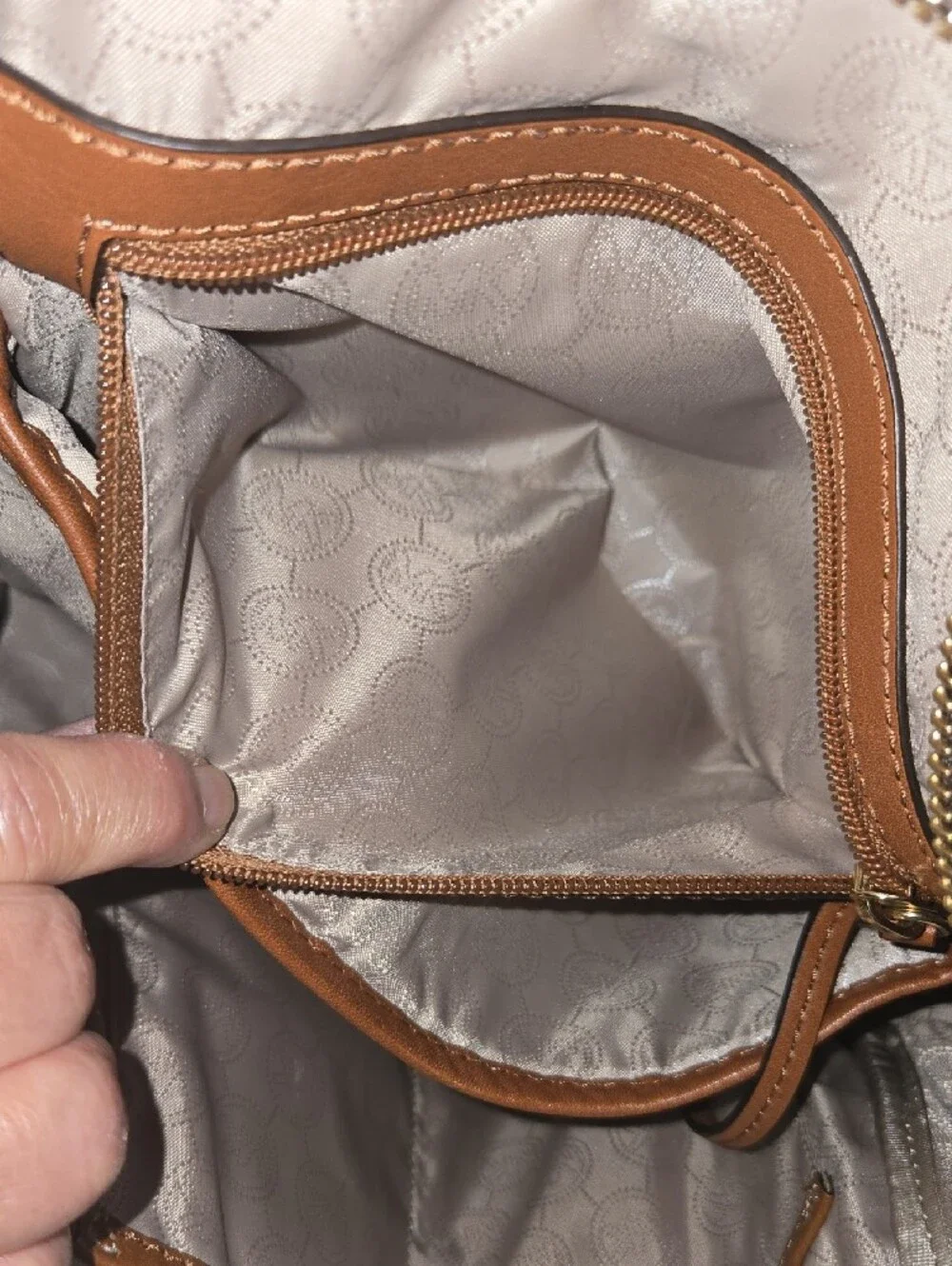 Michael Kors Brown and Tan Logo Backpack with Gold Plate