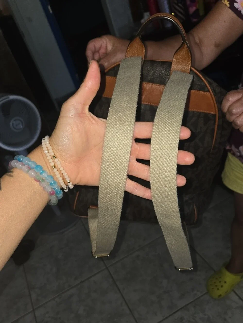 Michael Kors Brown and Tan Logo Backpack with Gold Plate