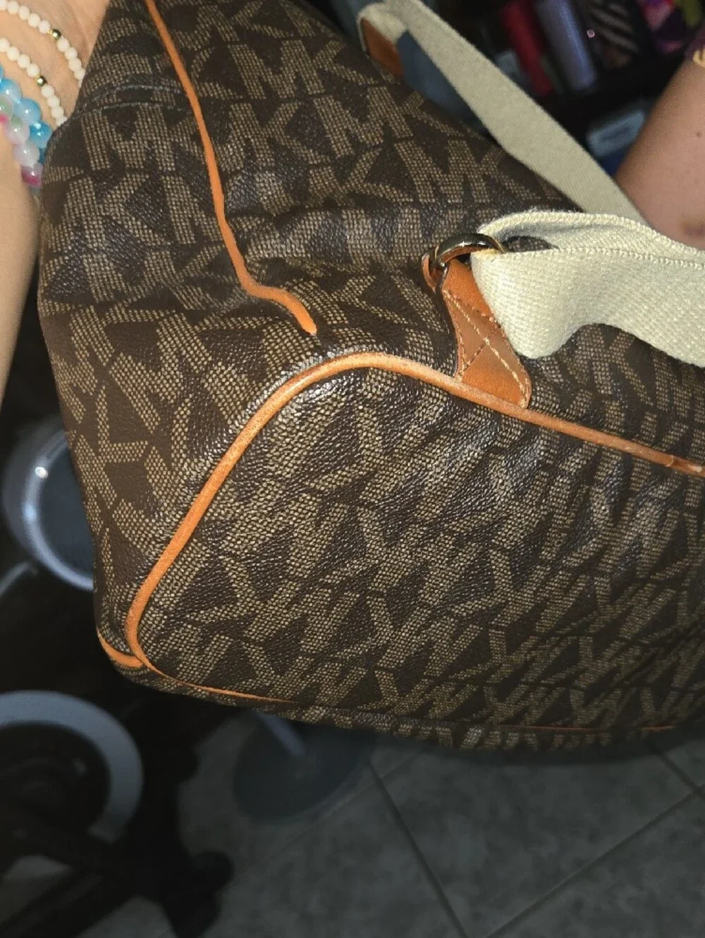 Michael Kors Brown and Tan Logo Backpack with Gold Plate