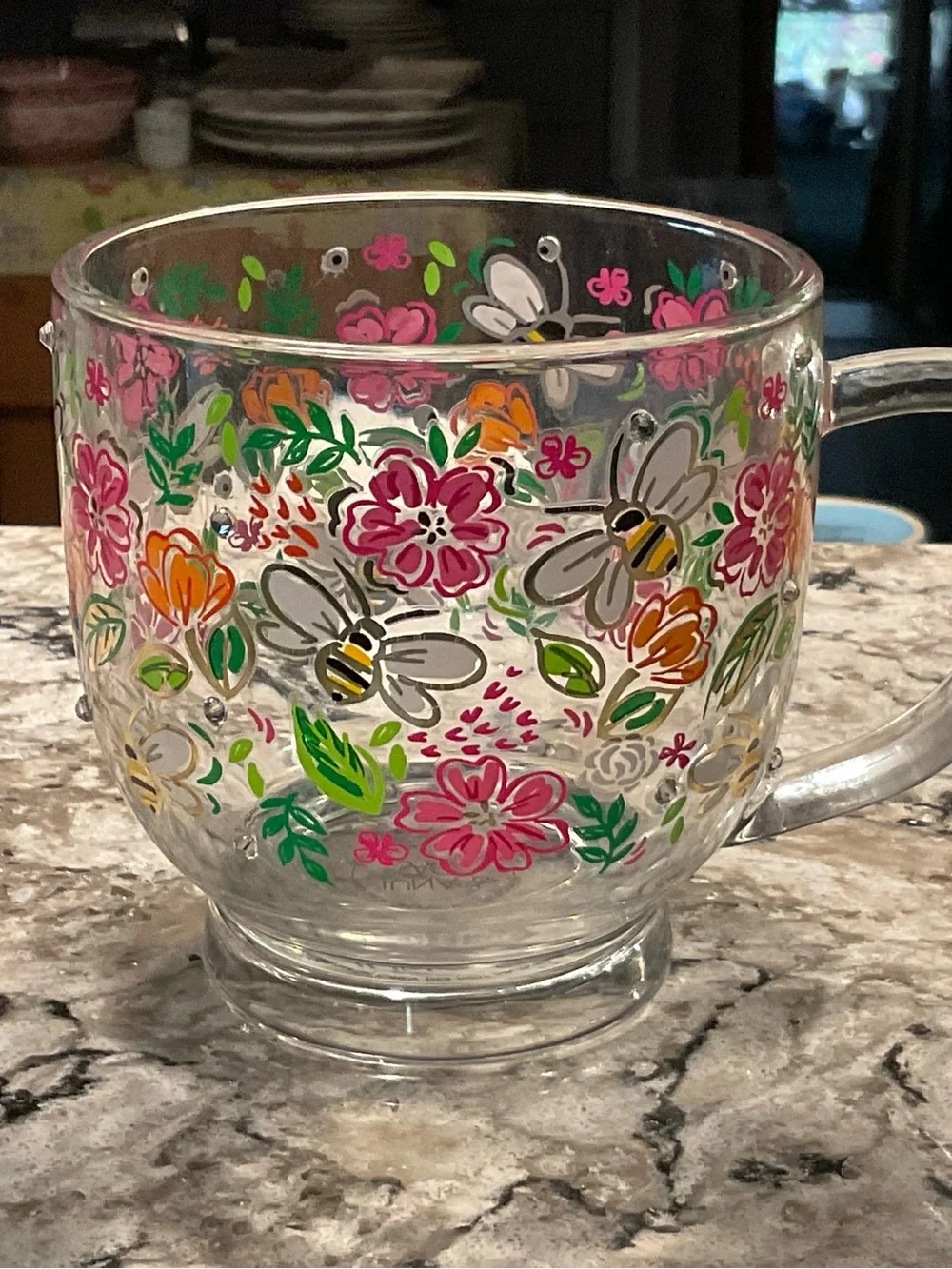 BP-HAND-PAINTED-LUNA &SAGE GLASS BUMBLE BEE-FLORAL GLASS MUG