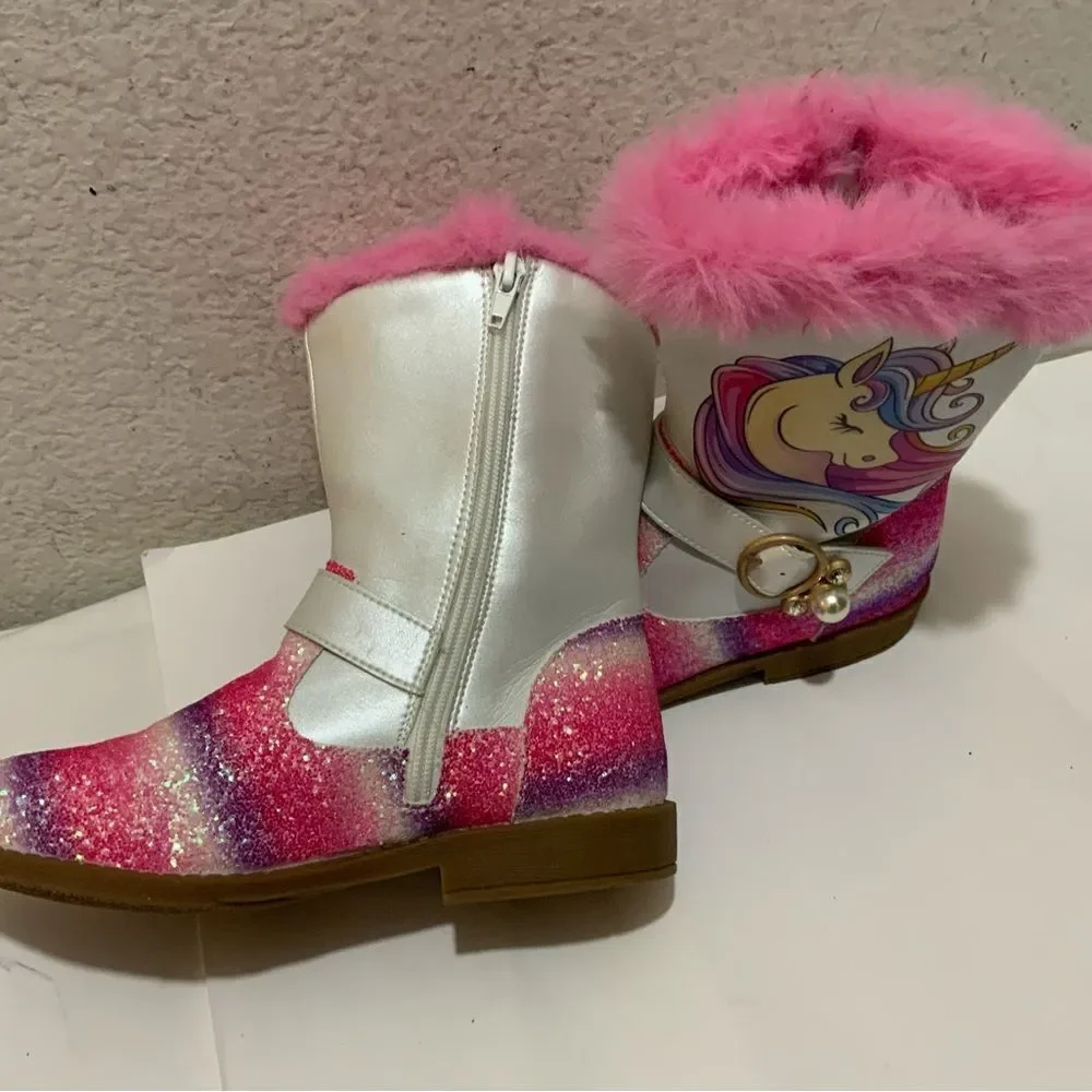 Girls Unicorn Glitter Boots with Faux Fur Trim By Liv and Mia 4Y