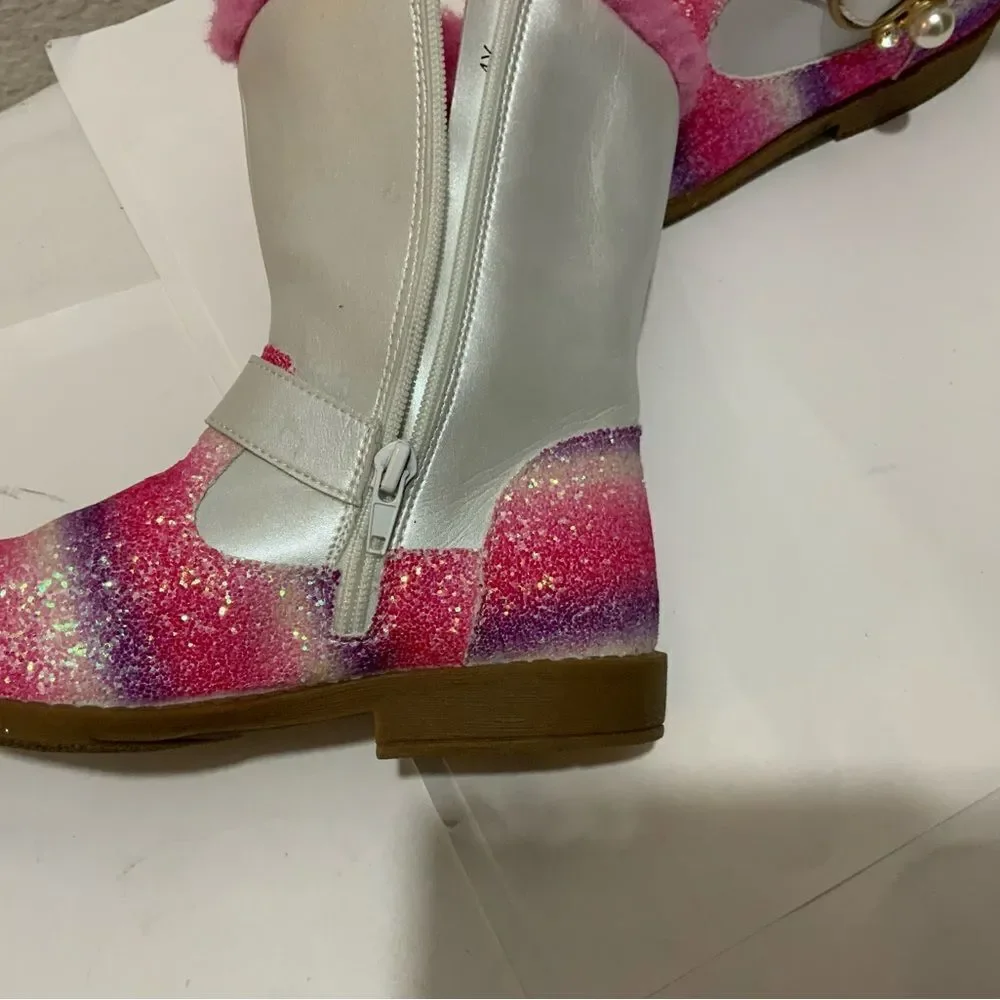 Girls Unicorn Glitter Boots with Faux Fur Trim By Liv and Mia 4Y