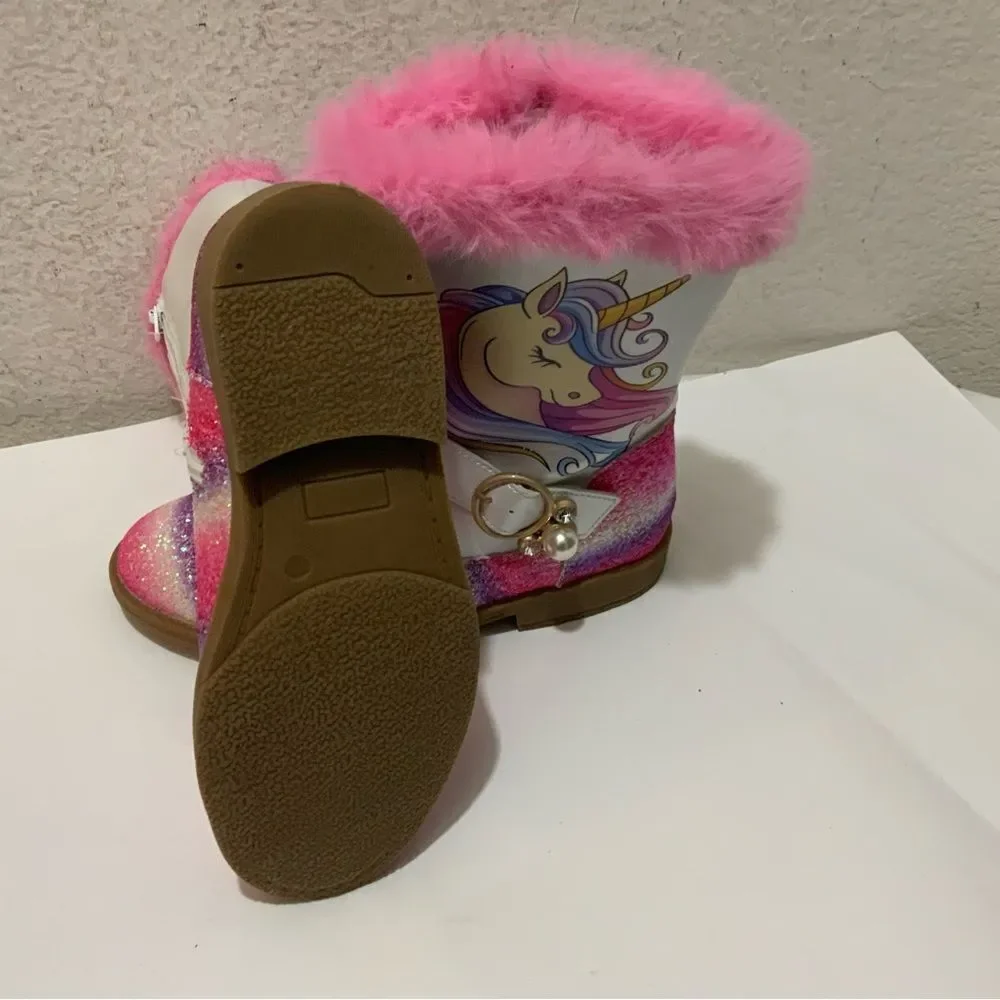 Girls Unicorn Glitter Boots with Faux Fur Trim By Liv and Mia 4Y