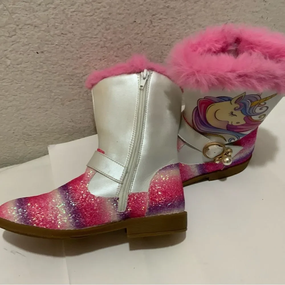 Girls Unicorn Glitter Boots with Faux Fur Trim By Liv and Mia 4Y
