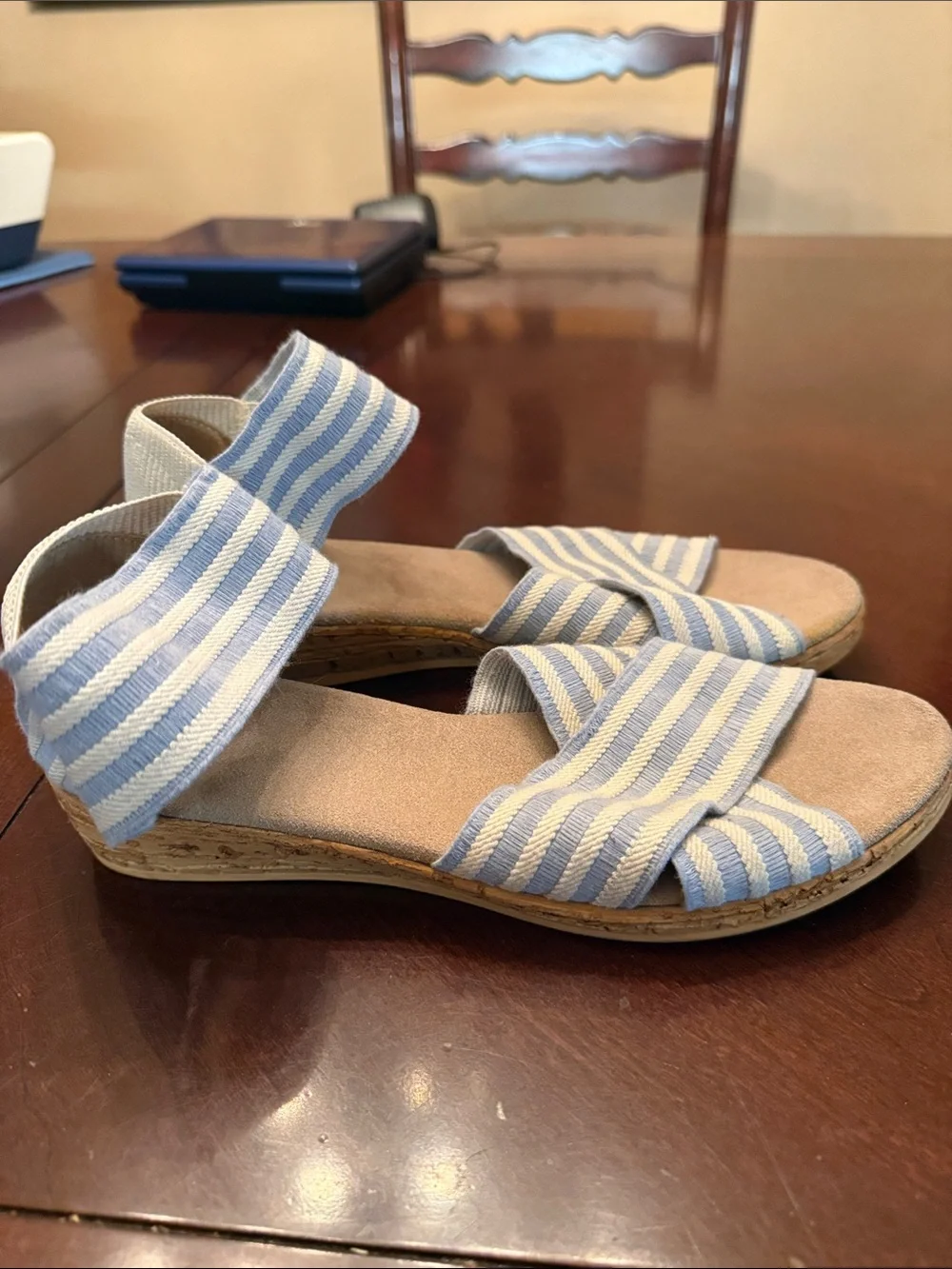 CHARLESTON SHOE CO. Light Blue & White Striped Espadrille Wedges