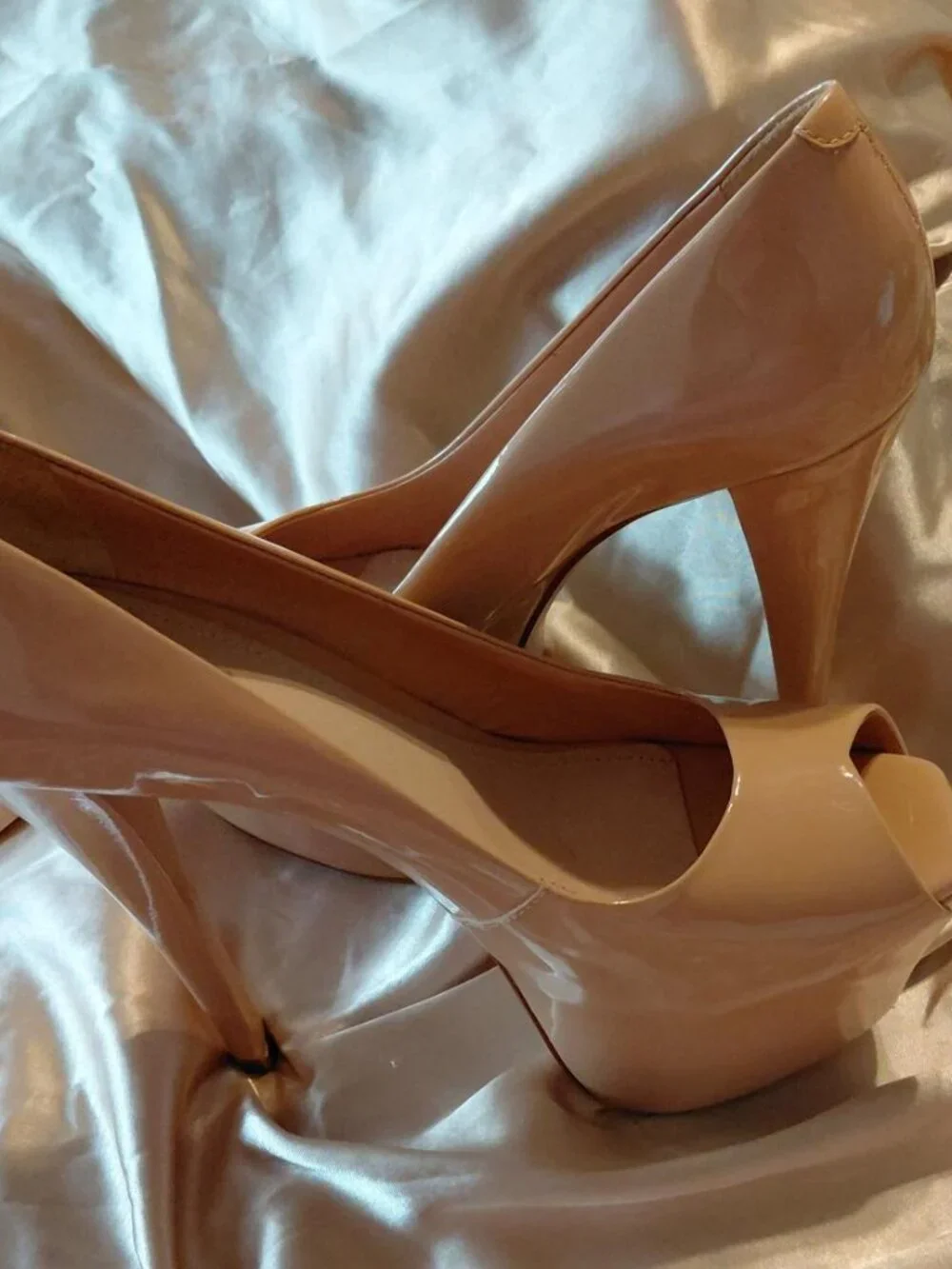 Schutz Zelda Nude Patent Leather Peep Toe Stiletto Heel