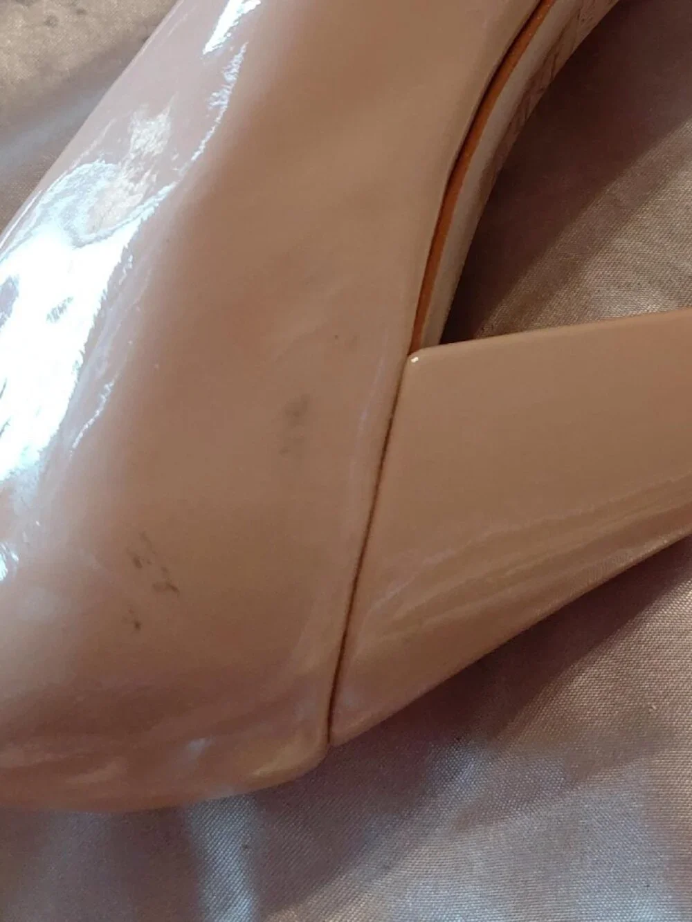 Schutz Zelda Nude Patent Leather Peep Toe Stiletto Heel