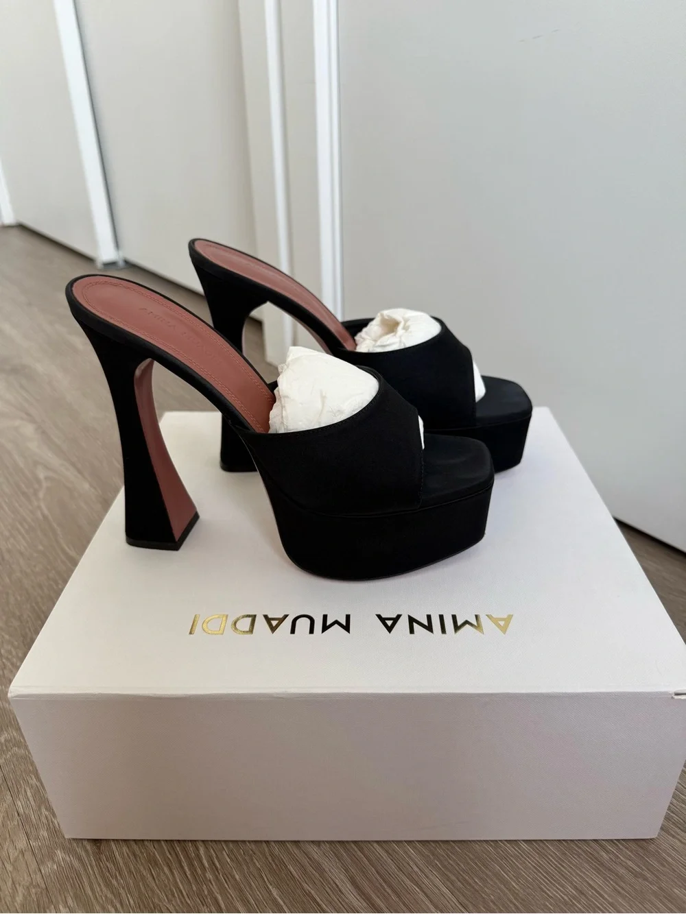 Amina Muaddi Dalida satin platform mules