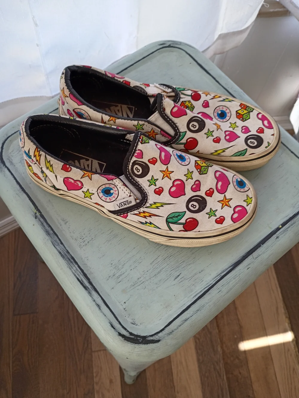 Vans Kids Slip-On Sneakers Cream Multi Icon Hearts Cherries Stars 8-Ball Sz 5