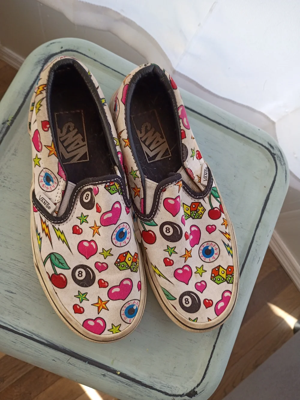Vans Kids Slip-On Sneakers Cream Multi Icon Hearts Cherries Stars 8-Ball Sz 5
