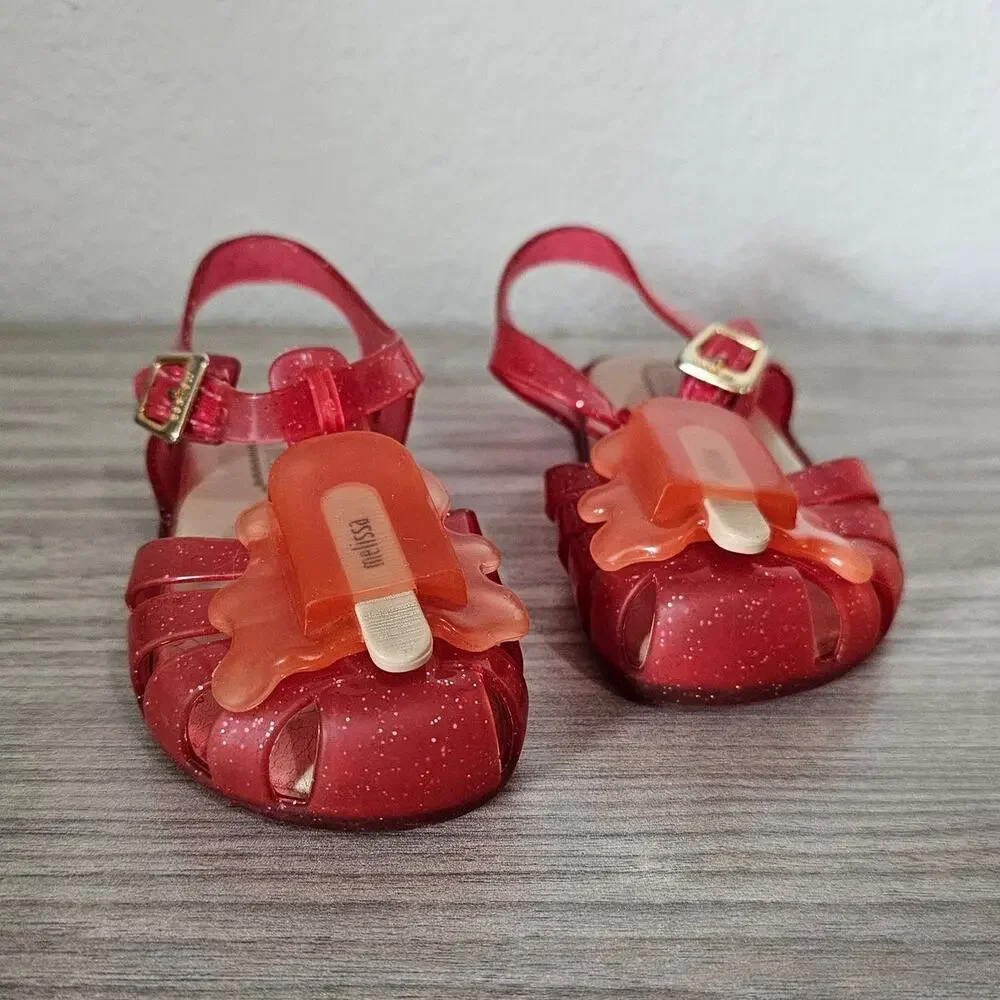 Mini Melissa Aranha VIII Slingback Sandal Melting Popsicle Pink Glitter Kid US 7