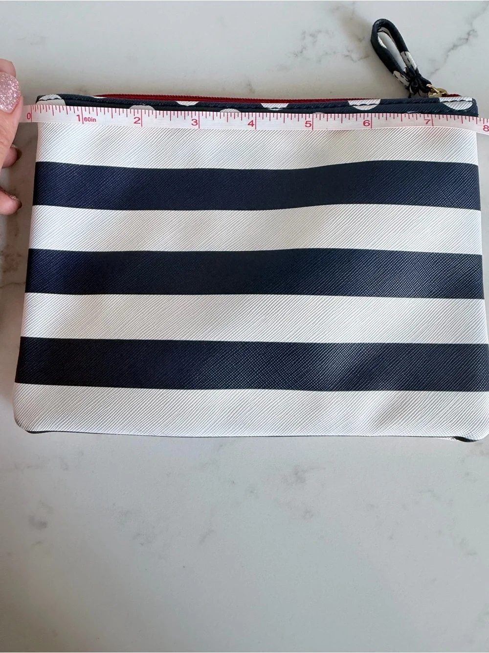 Striped Navy and White Zip Pouch with Red Lining