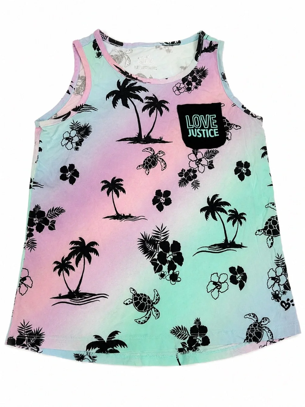 JUSTICE Tropical Tank Top | Girls Size 12 | Palm Trees, Sea Turtles & Hibiscus