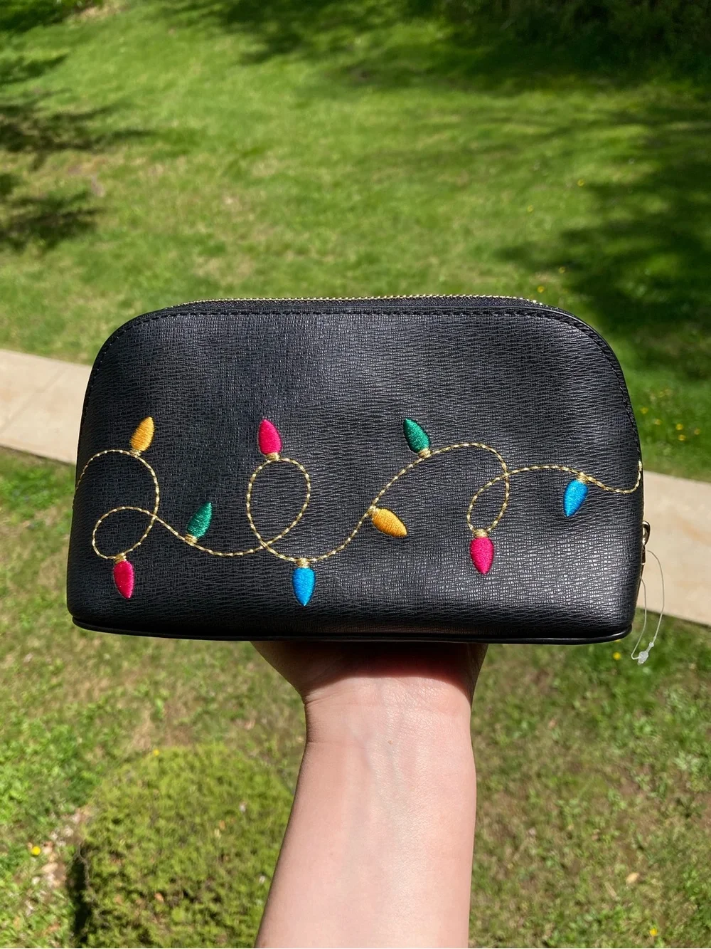 Kate Spade Holiday Christmas String Lights Makeup Cosmetics Bag Black Leather