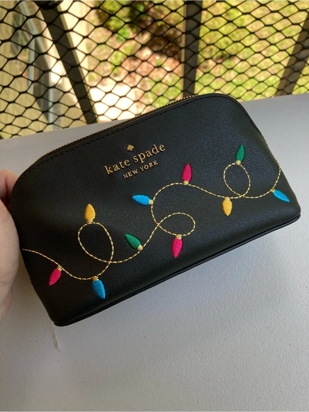 Kate Spade Holiday Christmas String Lights Makeup Cosmetics Bag Black Leather