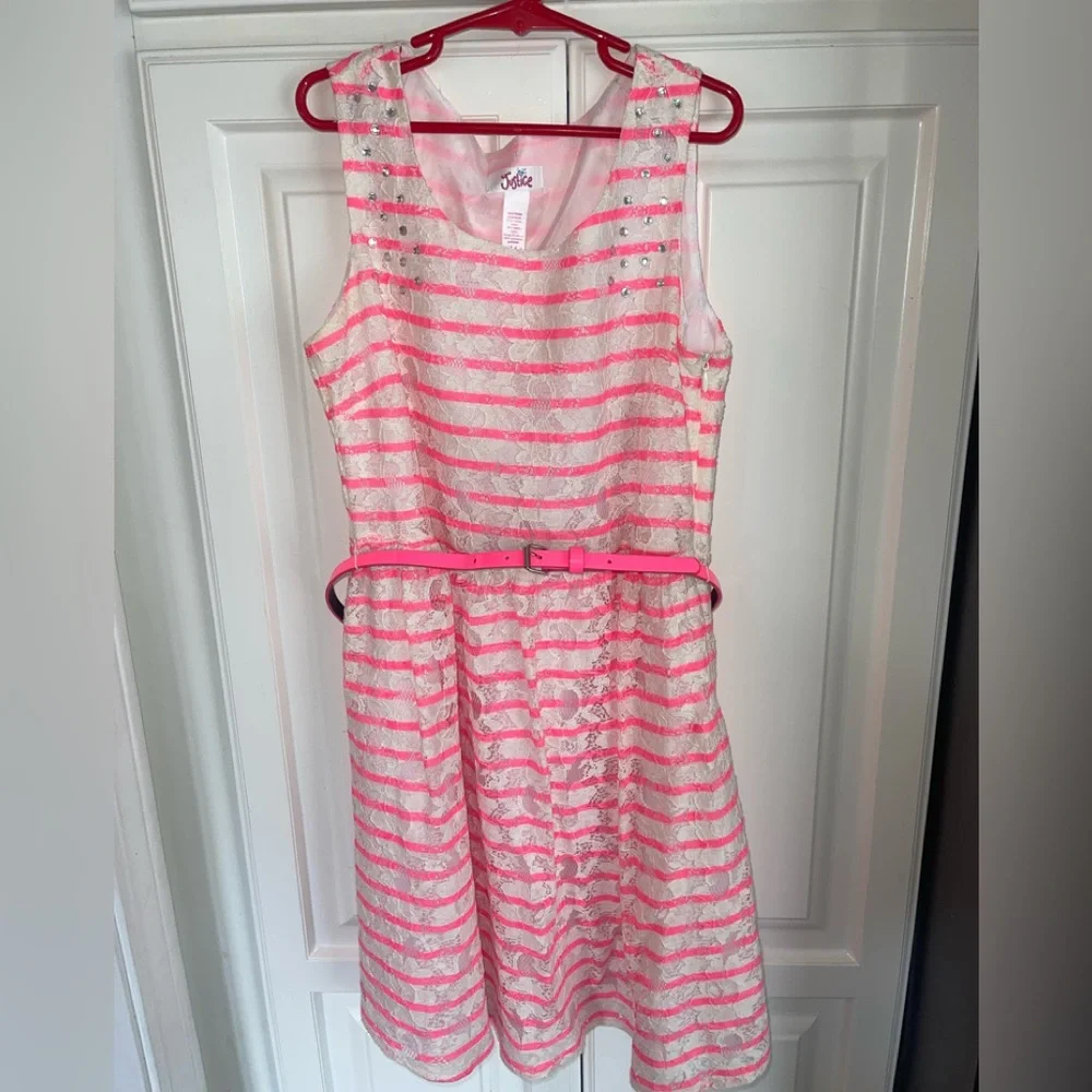 Justice Pink White‎ Lace Easter Dress Girls 14 Belt Rhinestones
