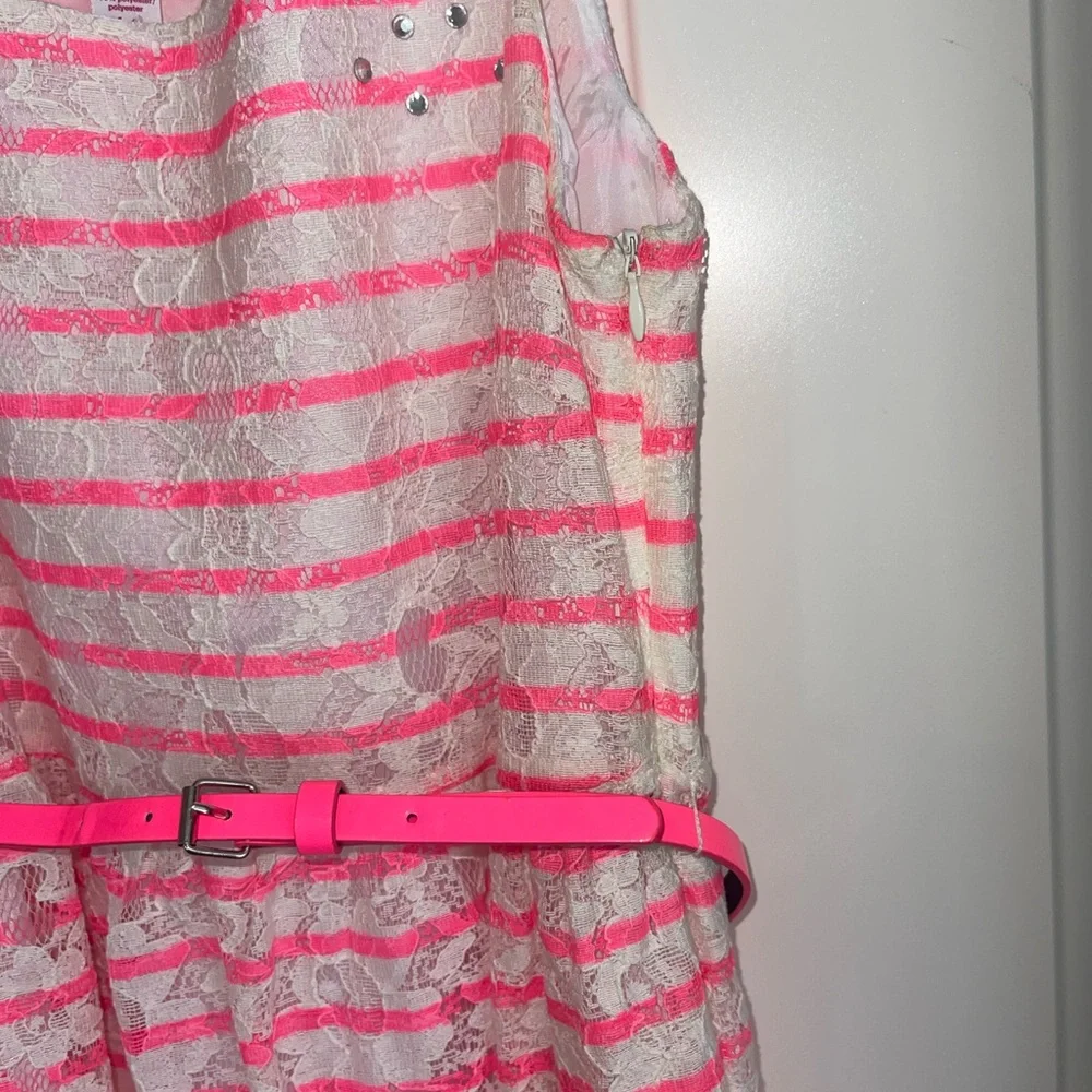 Justice Pink White‎ Lace Easter Dress Girls 14 Belt Rhinestones