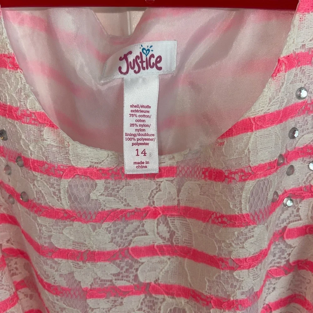 Justice Pink White‎ Lace Easter Dress Girls 14 Belt Rhinestones
