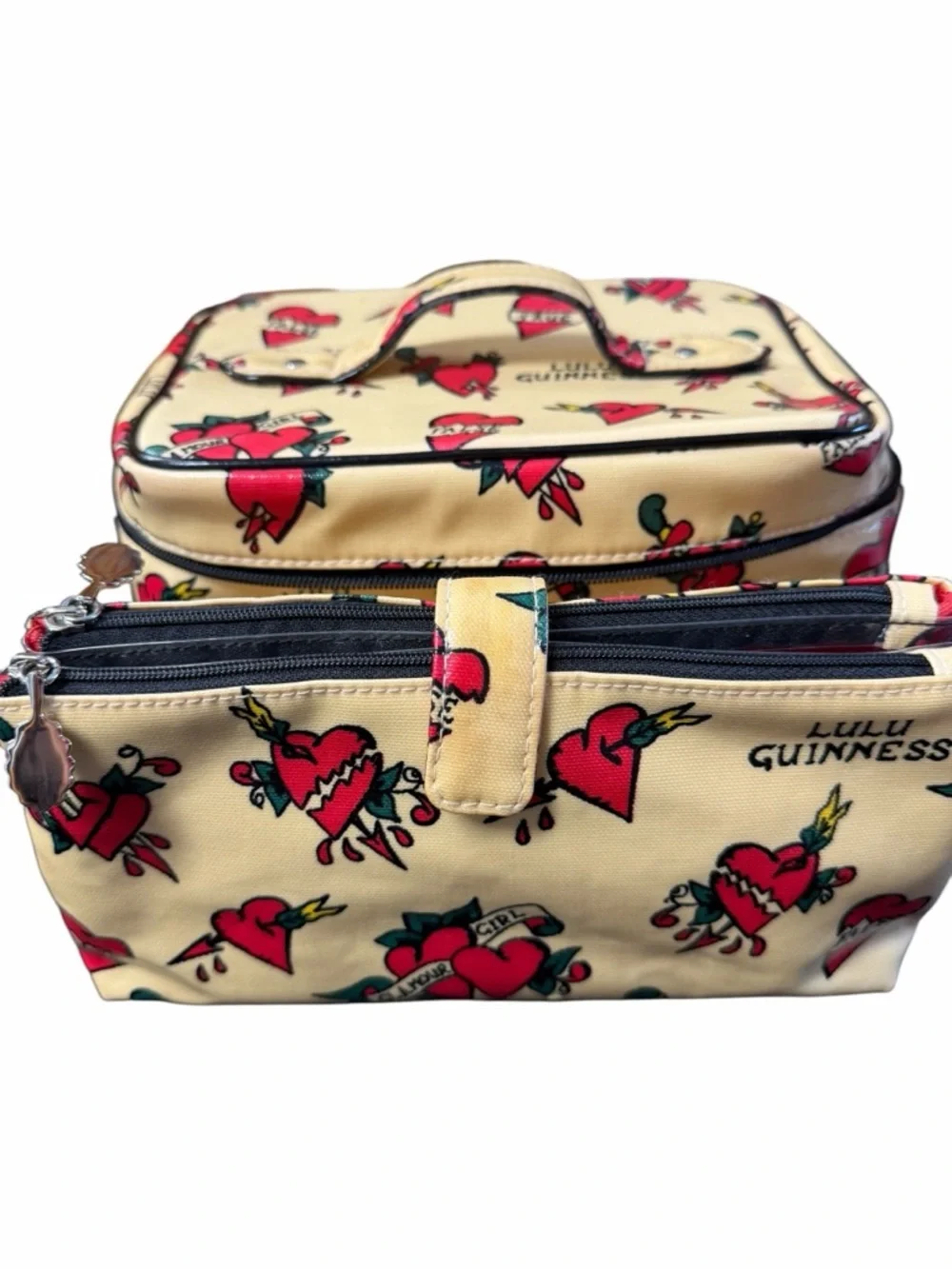 🇬🇧Lulu Guiness Rare Toiletry 2 Piece Set Train Case and Makeup Bag Tattoo Print