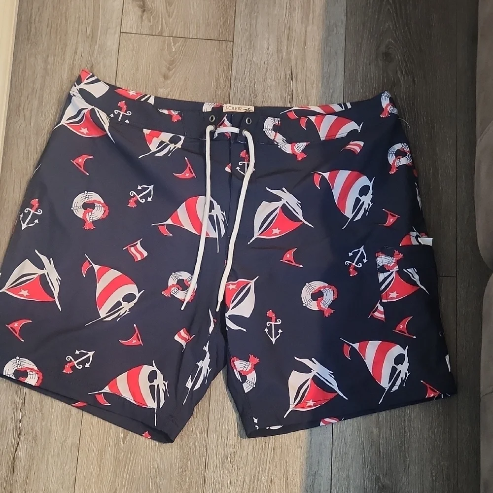 J. Crew Men's Swim Shorts - Navy with Red and White Accents