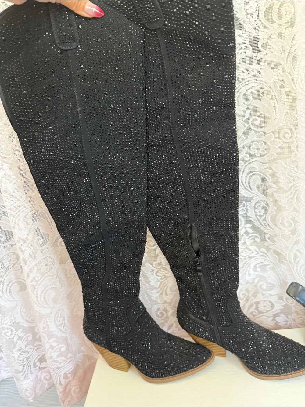 SHEIN Black Over-the-Knee Rhinestone Boots