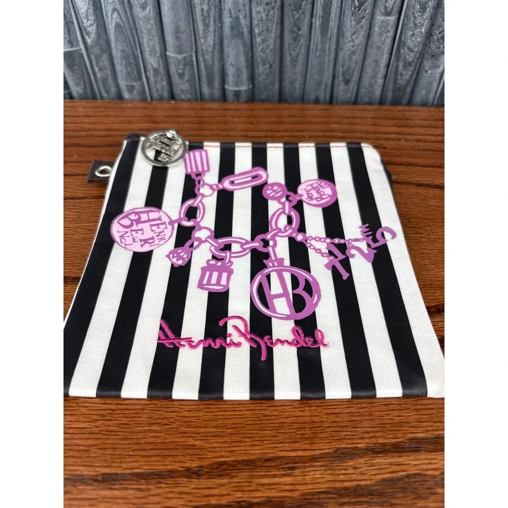 Henri Bendel Black White Striped Small Pouch Purple Charm Graphic Zipper Bag