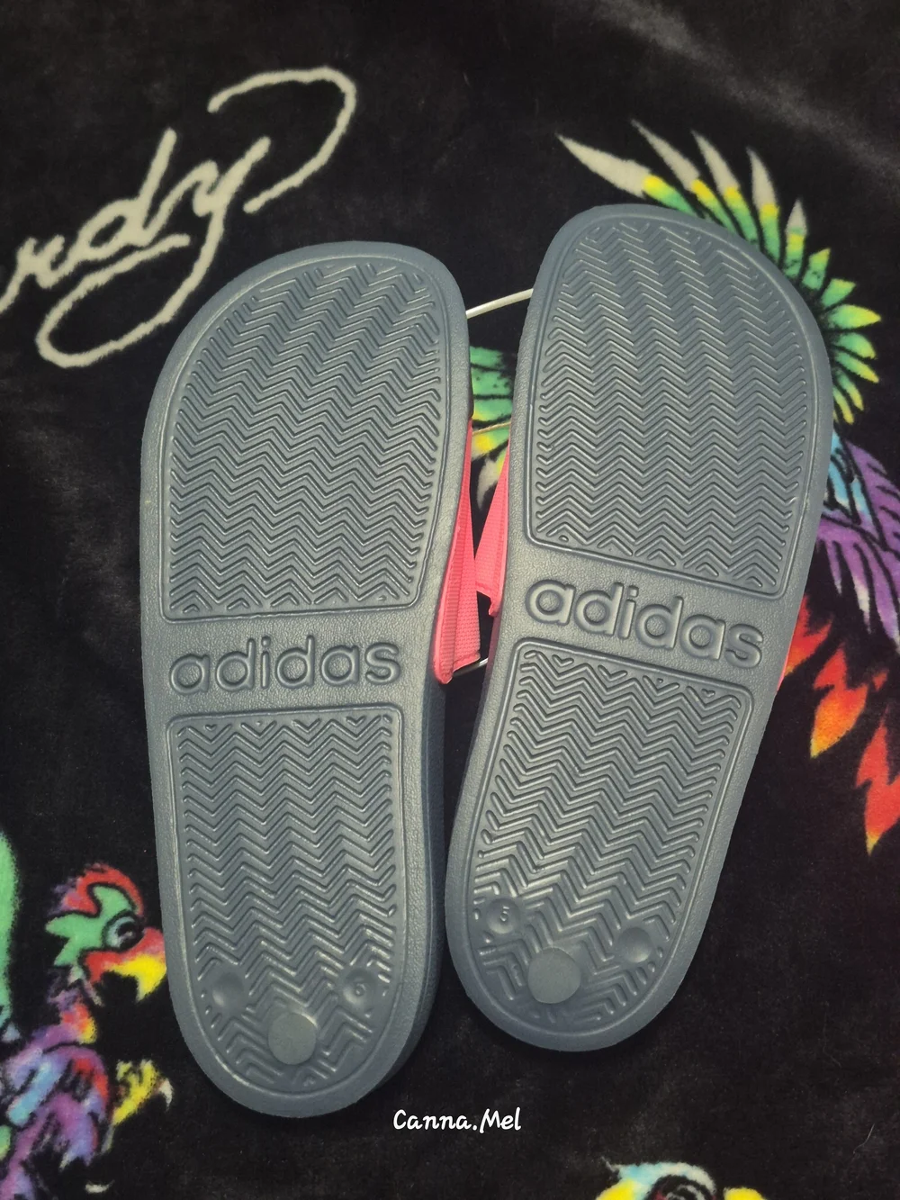 Adidas Adilette Shower Slides - Pink Strap, Navy Footbed (Size 5)