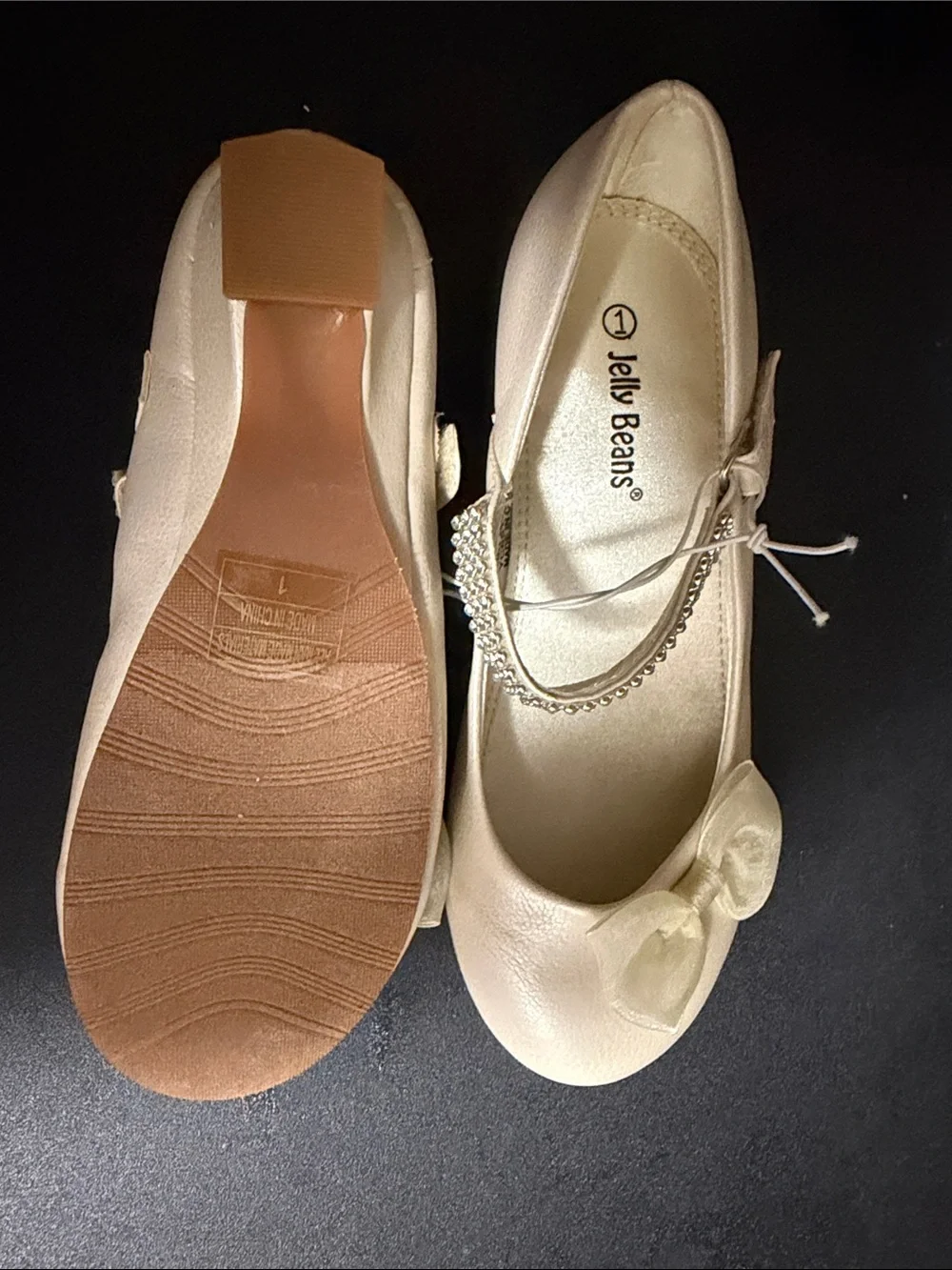 Jelly Beans Cream Bow Mary Jane Flats with Rhinestone Strap Accen