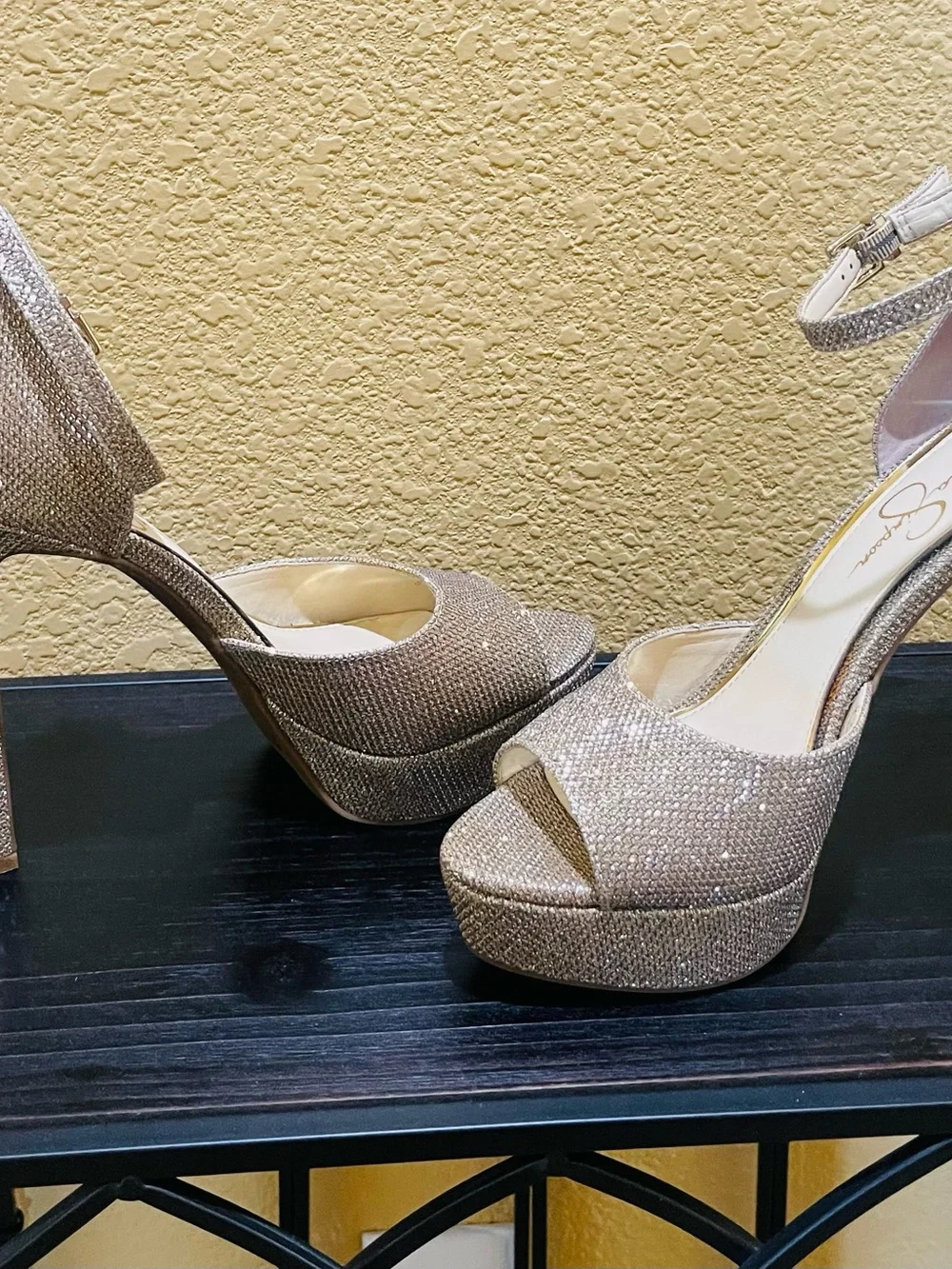 Jessica Simpson Gold Glitter Platform Ankle-Strap Sandals