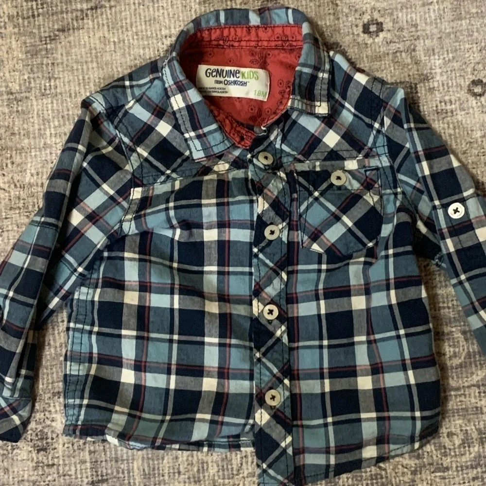 💙 Vintage 18M Denim Overalls & Plaid Shirt Set – Retro Baby Outfit 💙