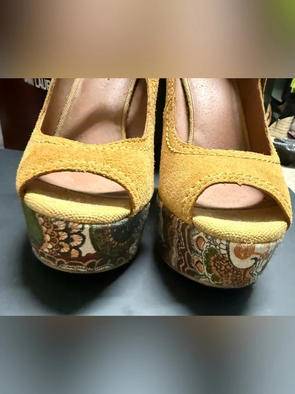 Lucky Brand Mustard Yellow Suede Mary Jane Peep-Toe Platform Pumps