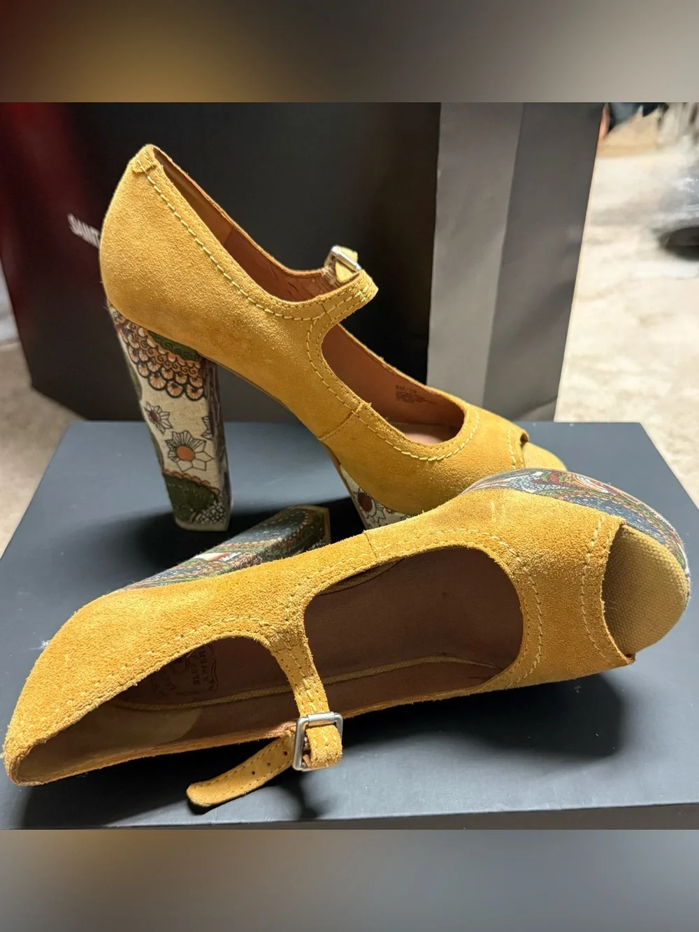 Lucky Brand Mustard Yellow Suede Mary Jane Peep-Toe Platform Pumps
