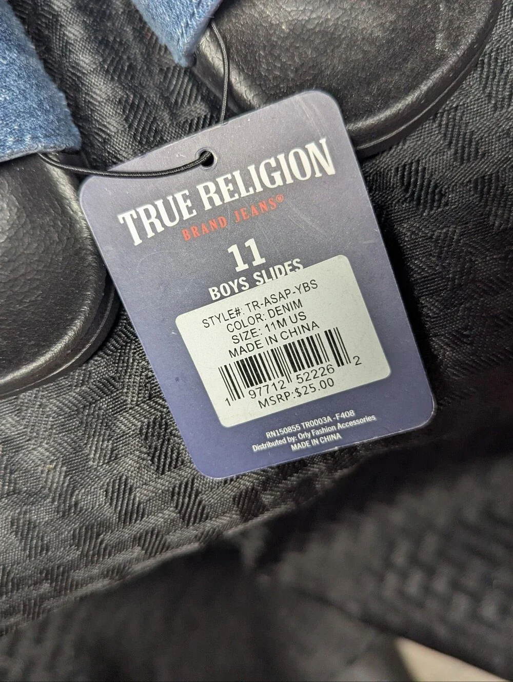 Denim & Black True Religion Logo Slide Sandals