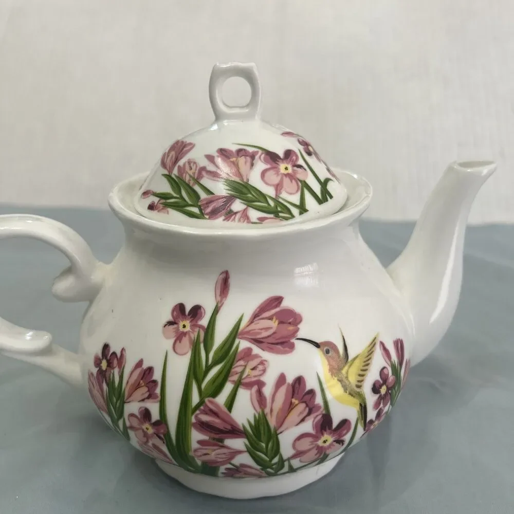 Vintage Floral Freesia Ceramic Hummingbird Teapot