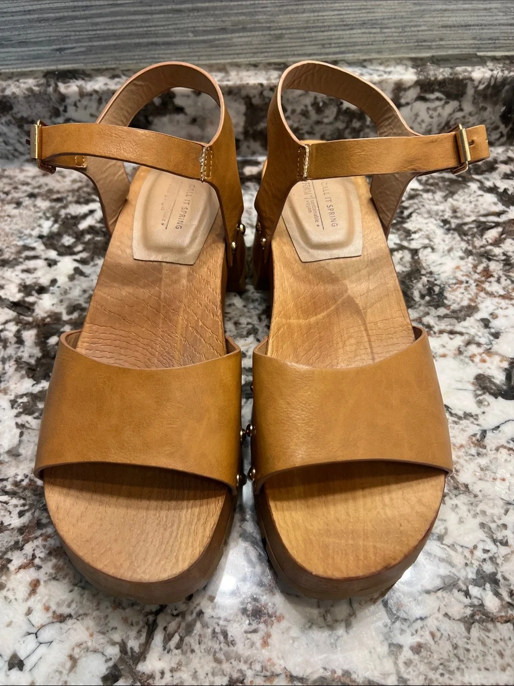Call It Spring Tan Chunky Platform Sandal with Gold Studs